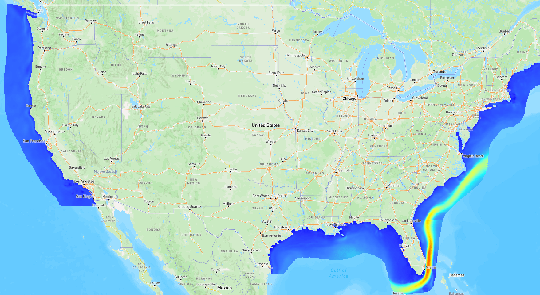 Mean ocean current speed along the U.S. East Coast and Gulf Stream on the Marine Energy Atlas