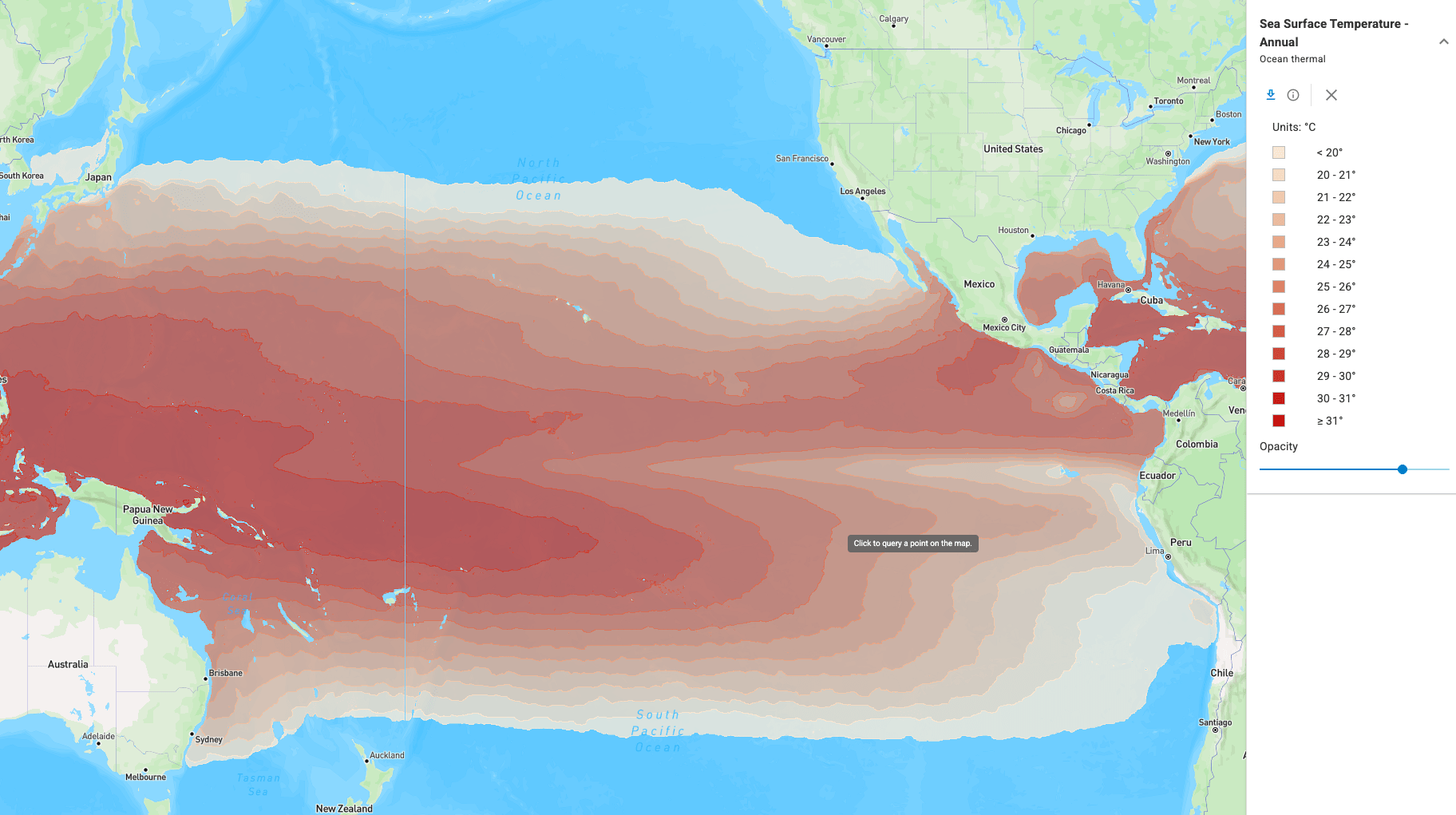 Annual sea surface temperature for OTEC across the Pacific on the Marine Energy Atlas