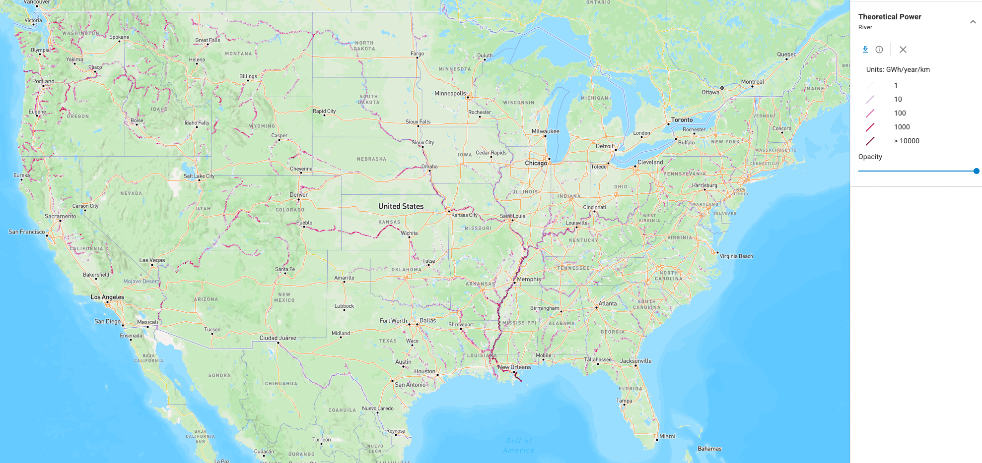 River reach theoretical power across the contiguous United States on the Marine Energy Atlas